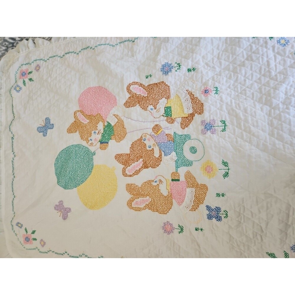 Handmade Baby Blanket Embroidered Cross Stitch Bunnies Ruffled Edge 42" X 33" - Picture 12 of 15